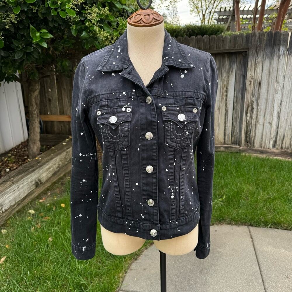True Religion Charcoal Black Splatter Paint Jean Jacket Women's size Medium